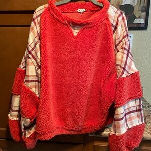 POL Red and Plaid Fleece Top